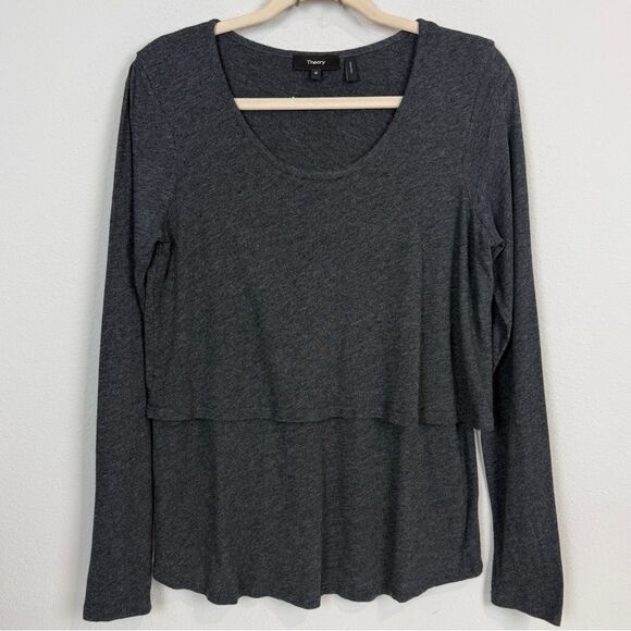 Theory Charcoal Grey Long Sleeve Tiered Pima Cotton T-shirt M - Picture 1 of 8